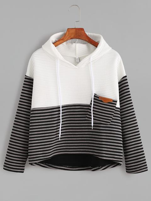 Contrast Striped High Low Drawstring Hooded Pocket Sweatshirt