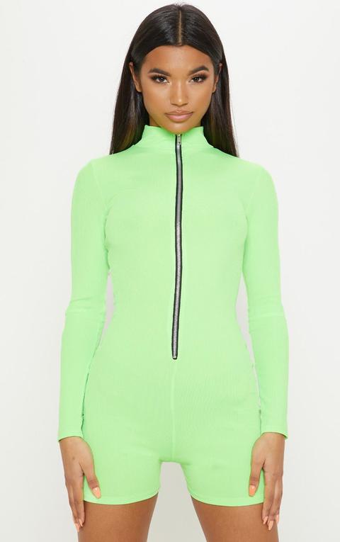 Neon Lime Fine Rib Zip Detail Unitard, Neon Lime