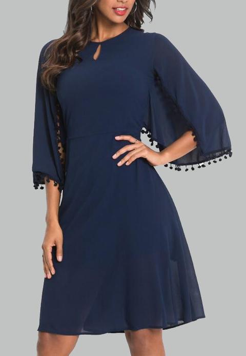 Abito A Media Lunghezza Nappe Cut-out A 3/4 Maniche In Chiffona Elegante Blu Scuro