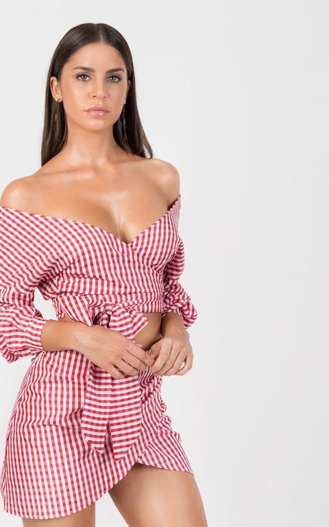 Gingham Off Shoulder 2 Piece Set