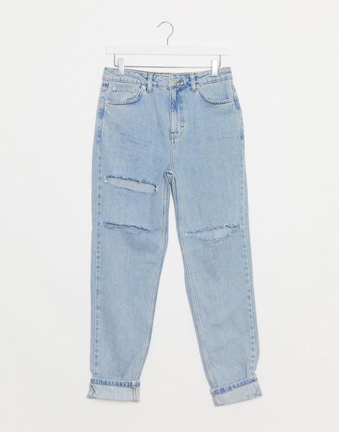 Topshop Ripped Mom Jeans In Super Bleach Wash-blue