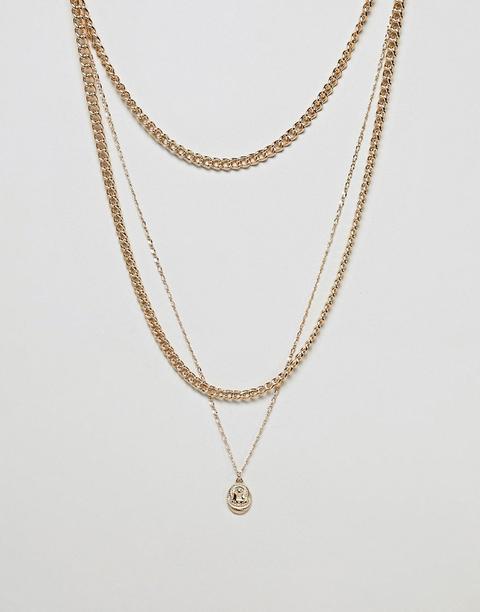 Asos Design Layered Chain Pack With Vintage Style Medallion Pendant In Gold - Gold