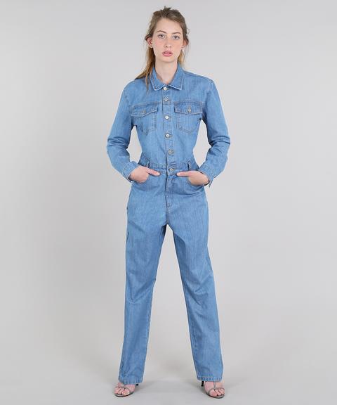 Macacão Jeans Feminino Mindset Com Bolsos Manga Longa Azul Claro