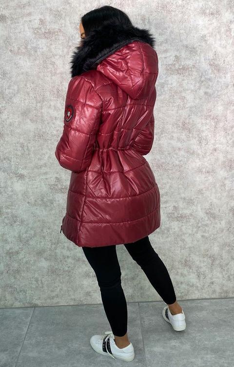 wine puffer jacket with fur hood