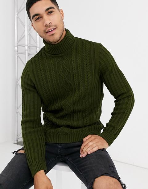 Asos Design Knitted Cable Knit Roll Neck Jumper In Khaki-green