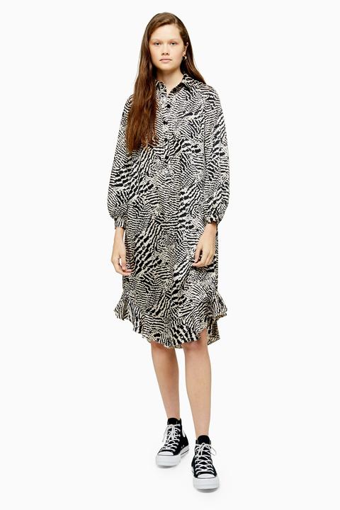 Womens Animal Ruffle Hem Shirt Dress - Monochrome, Monochrome