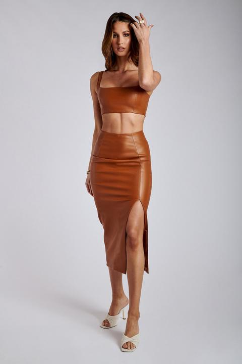 Bahar Faux Leather Split Midi Skirt - Desert
