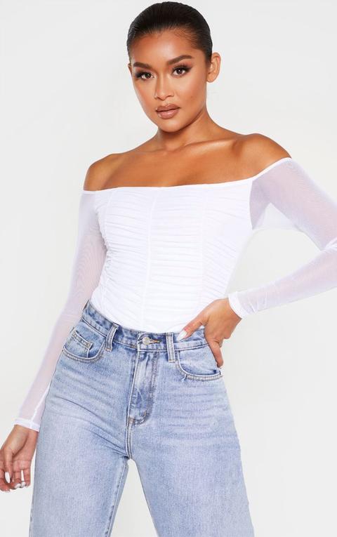 White Mesh Ruched Panel Bardot Bodysuit