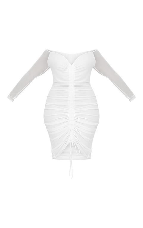 white mesh ruched bardot midi dress