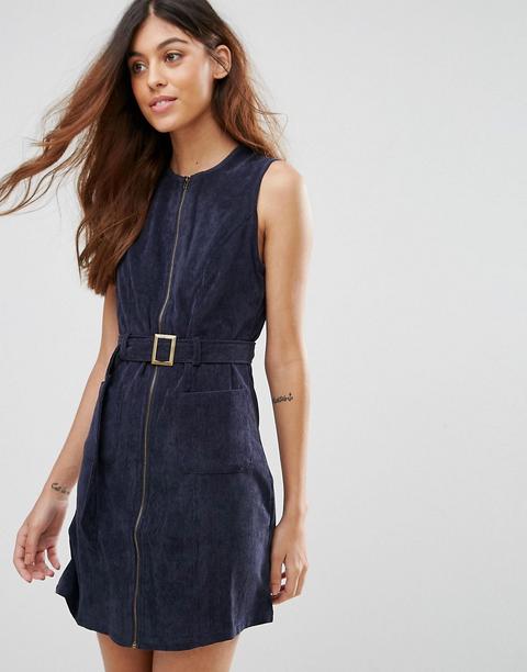 Rage - Vestito In Velluto A Coste Con Zip Sul Davanti - Navy
