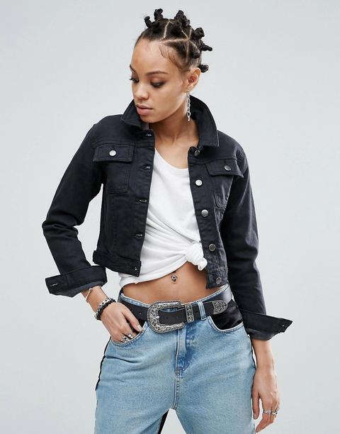 Chaqueta Vaquera Encogida En Negro Desgastado De Asos