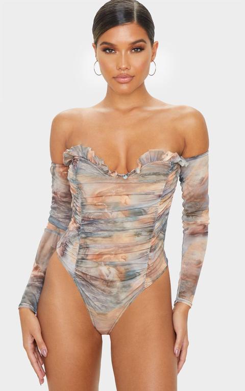 Multi Water Renaissance Printed Mesh Ruched Bardot Bodysuit