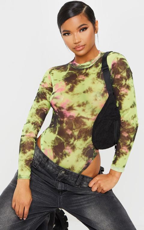 Multi Long Sleeve High Neck Mesh Tie Dye Bodysuit