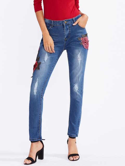 Rose Embroidered Applique Ripped Jeans