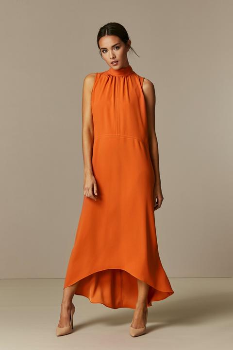 high neck orange dress