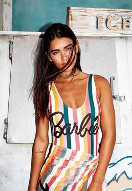 Multicolor X Missguided Bañador Con Espalda Caída A Rayas En Blanco