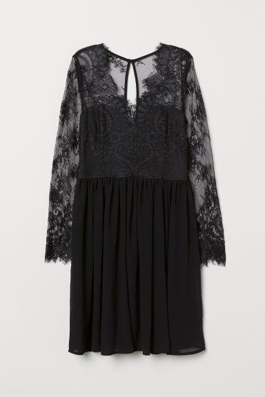 Kurzes Spitzenkleid - Schwarz - Damen