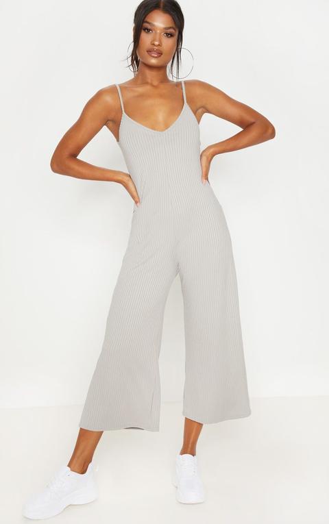 Grey Marl Ribbed V Neck Oversized Jumpsuit, Grey