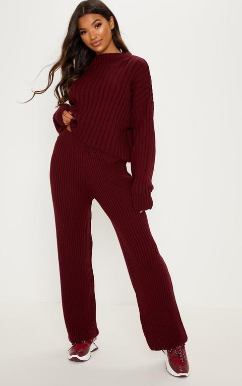 Burgundy Ribbed Cropped Knitted Trouser
