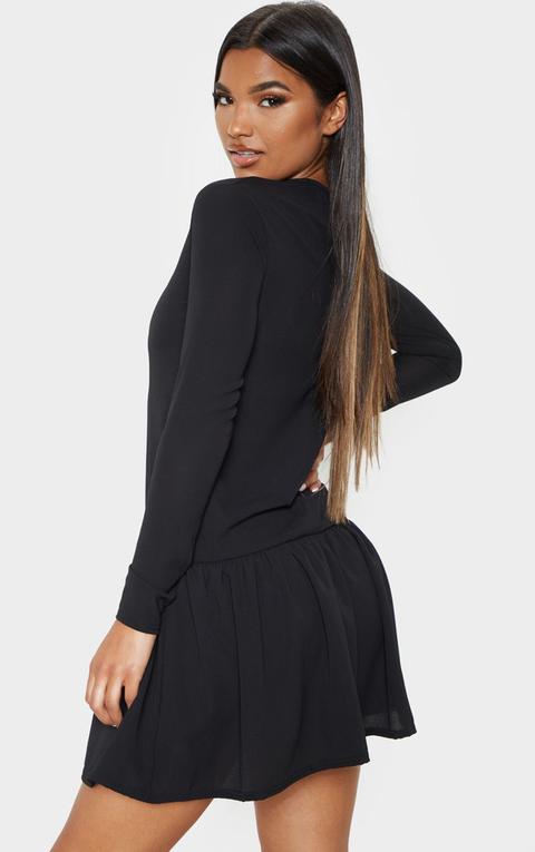 black long sleeve frill hem shift dress