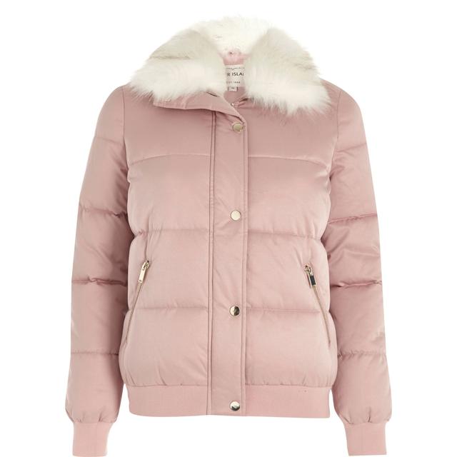 pink puffer jacket with faux fur trim