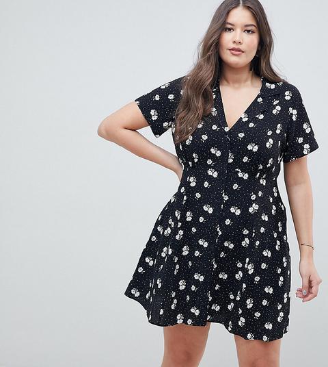 Minivestido Skater Con Botones Y Diseño Floral Monocromático De Asos Design Curve