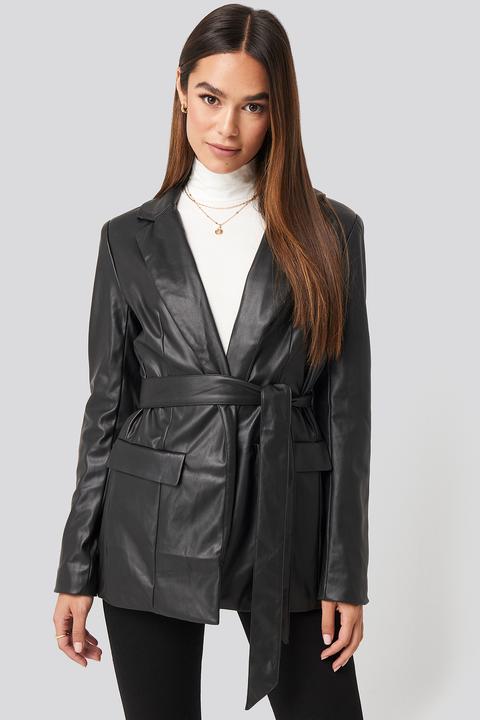 Na-kd Trend Tied Front Faux Leather Blazer - Black