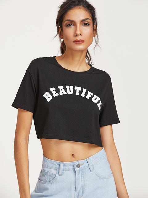 Black Letter Print Ripped Back Crop T-shirt