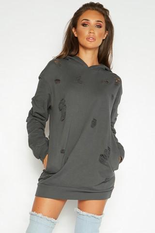 Megan Mckenna Charcoal Grey Distressed Hooded Jumper Dress