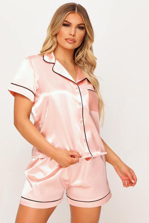 Blush Pink Short Sleeve Satin Piped Pyjama Set , Pink