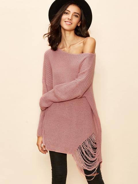 Pink Boat Neck Drop Shoulder Ripped Sweater