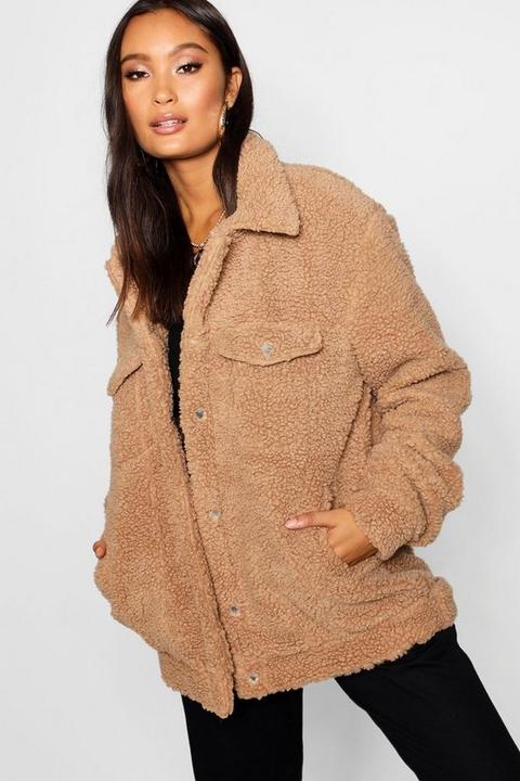 Womens Borg Trucker Jacket - Beige - 8, Beige