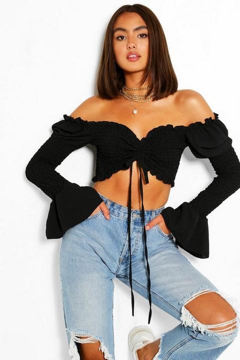 Womens Woven Shirred Off The Shoulder Ruched Crop Top - Black - 14, Black