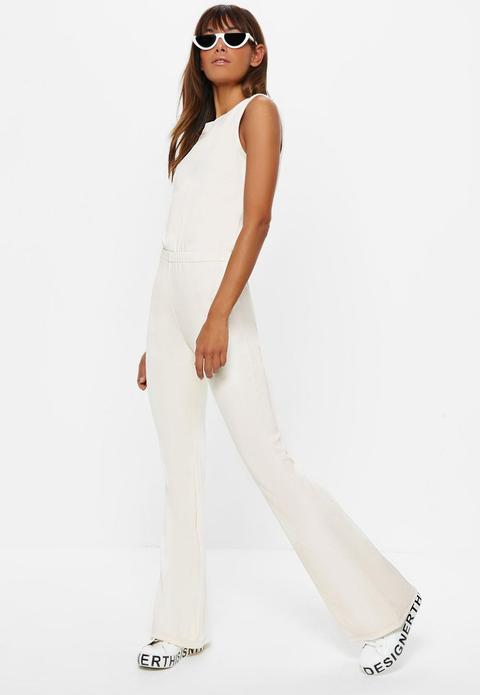 Ivory Rib Flare Leg Sleeveless Jumpsuit 