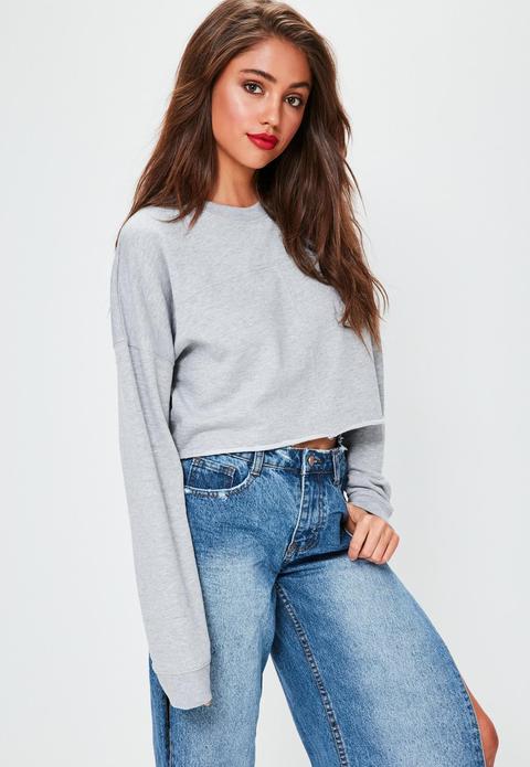 Grey Raw Hem Cropped Sweatshirt, Grey