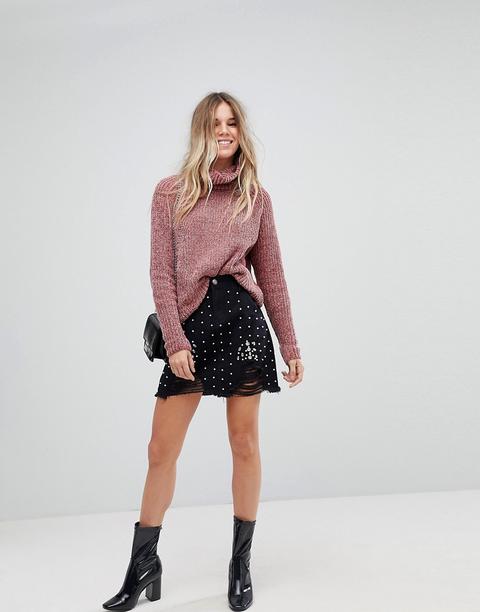 Minifalda Vaquera Con Adorno De Perlas De Boohoo