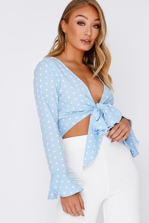 Blue Tops - Mikeala Blue Polka Dot Print Tie Front Crop Top