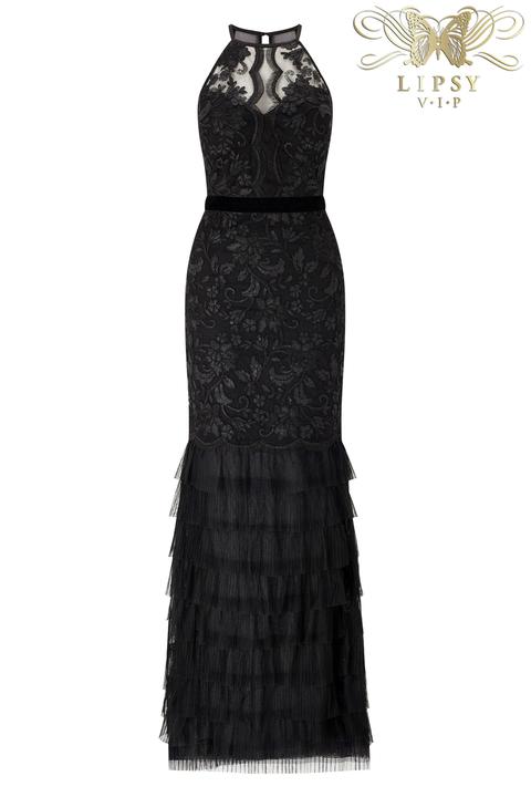 Lipsy Vip Lace Tiered Mesh Maxi Dress