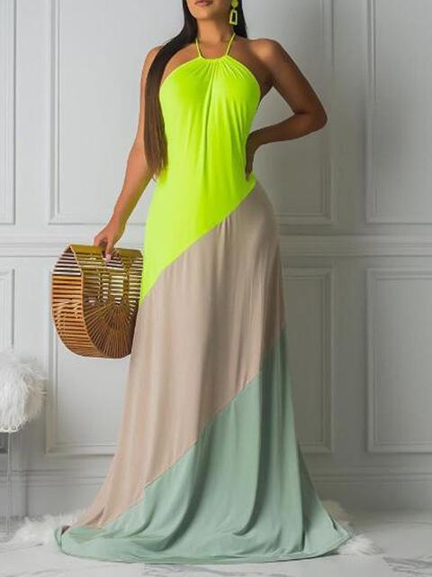 Maxi Dress Scollo Avorio Color Block Con Scollo A Barchetta Bohémien Verde Neon