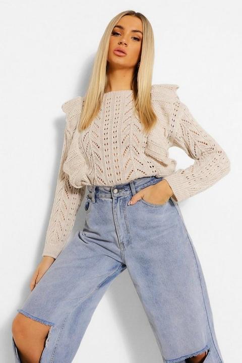 Womens Frill Detail Open Knit Jumper - Beige - M/l, Beige