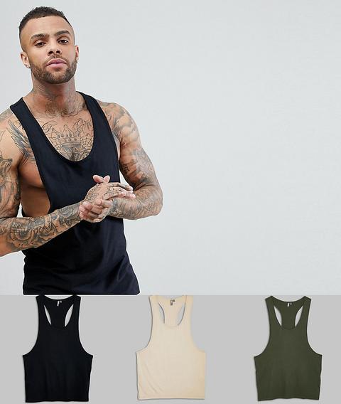 Asos Design Vest With Extreme Racer Back 3 Pack Save - Black/chips/ Rosin