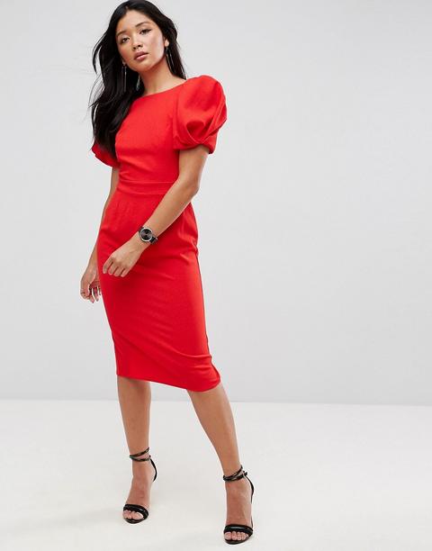 Asos - Vestito Midi Con Maniche A Sbuffo - Rosso