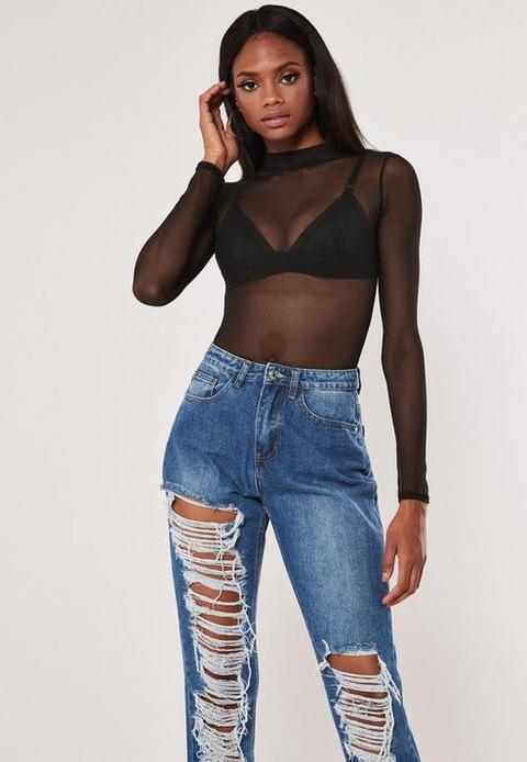 Black Mesh High Neck Bodysuit, Black