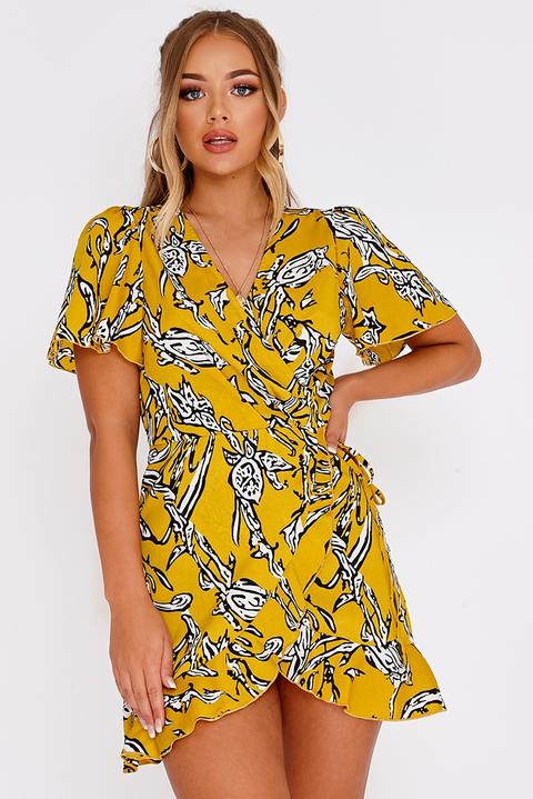 Yellow Dresses - Billie Faiers Yellow Abstract Floral Wrap Front Mini Dress