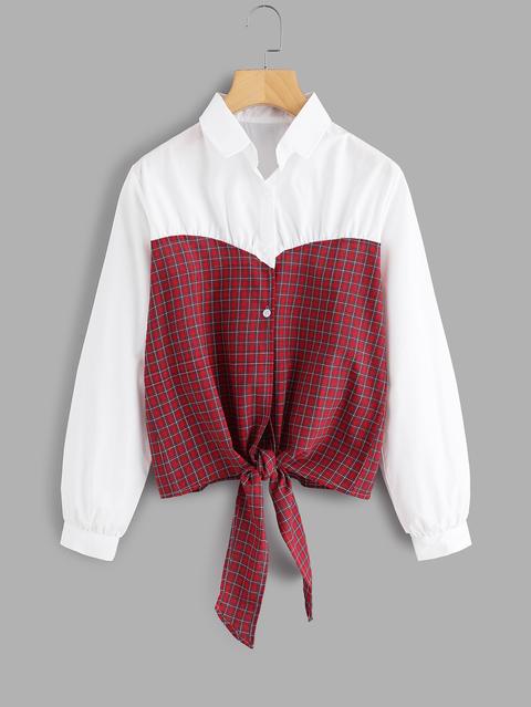 Contrast Checked Panel Kent Front Blouse