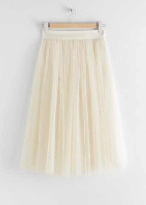 Layered Tulle Midi Skirt - Beige