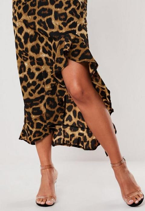 Brown Leopard Print Ruffle Side Cami Midi Dress, Leopard
