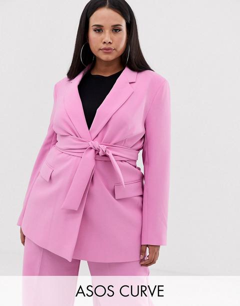 Asos Design Curve - Blazer Da Abito A Portafoglio Rosa Con Cintura - Rosa