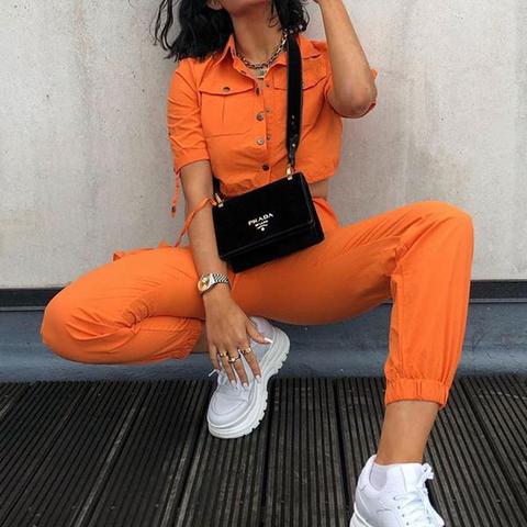 Neon Orange Utility Button Up Crop Top