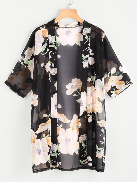 Kimono In Chiffon Con Stampa Floreale